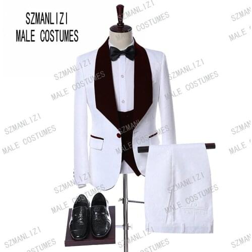 2020 White Paisley Burgundy Velvet Shawl Lapel Slim Fit Men Suits 3 Piece Mens Dress Wedding Groom Tuxedos For Prom Party Suits