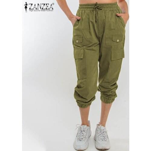 2021 Fashion Womens Harajuku Pants Spring Wide Leg Pant ZANZEA Casual Solid Drawstring Elastic Waist Pockets Oversized Palazzo