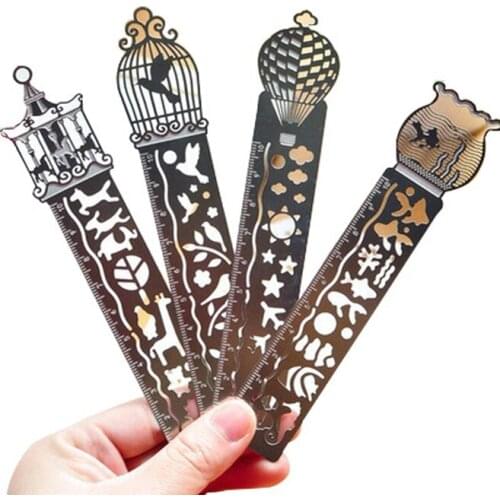 4 PCs Cartoon Pattern Metal Record Daily Templates for Quilting Ruler Multi-Function Bookmark Ruler Hollow Hand Account Ruler