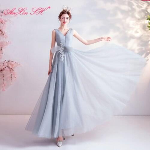 AXJFU Luxury grey blue lace flower evening dress princess v neck big bow party host sleeveless long blue evening dress 1728