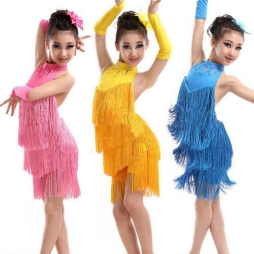Kids Tasseled Ballroom Latin Salsa Dancewear Girls Party Dance Costume Dress W1 P18