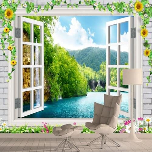 Custom House Decor 3d Wallpapers Murals for Living Room Desktop Walls Paper Contact Peel Stick Brick Nature Lake Window Rolls