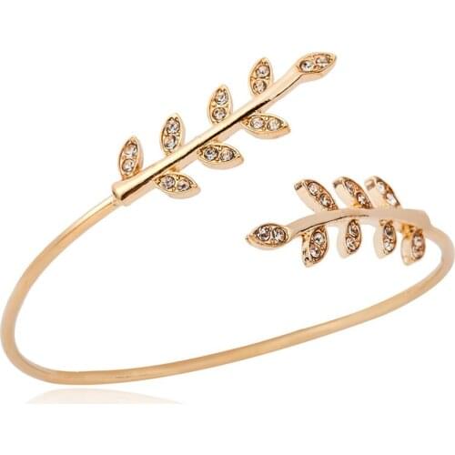 Double Head Crystal Leaf Opening Adjustable Silver Plated Golden Women Bracelets & Bangles