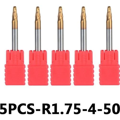 Tungsten Steel Ball Nose End Mills 5pcs/lot R1.75-4-50 HRC55 With Straight Shank 2-Flute Ball Head Milling Cutters Router Bits