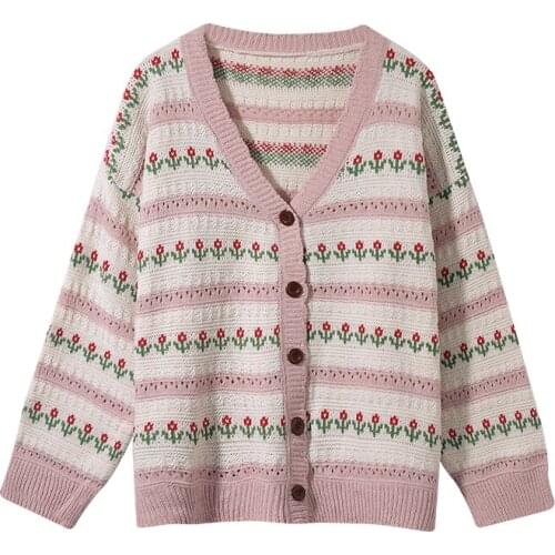 2021 new autumn and winter knitted cardigan striped v-neck loose and comfortable Korean sweater coat top