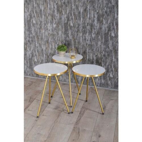 Zigon Coffee Table 3'lü Gold Metal Toe White Gold