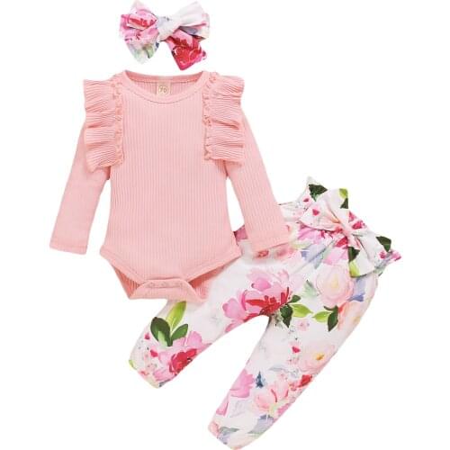 Childrens Clothing Set Solid Color Round Neck Long Sleeve Baby Romper Floral Print Trousers Headband Outfits Baby Girl Clothes