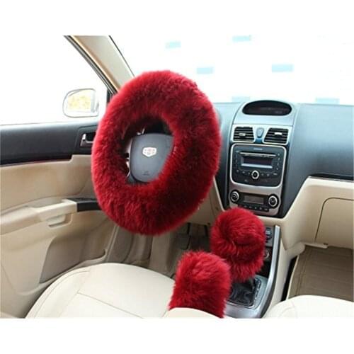 3 PCS SET Red Wine Color Fur Wool Furry Fluffy Thick Car Steering Wheel Cover Winter