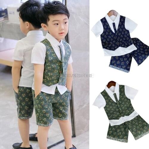 Flowery Boys Formal Summer Suit FakeVest Shirt +Shorts 2PCS Kids Wedding Clothing Set Children Piano Dance Performance Costume