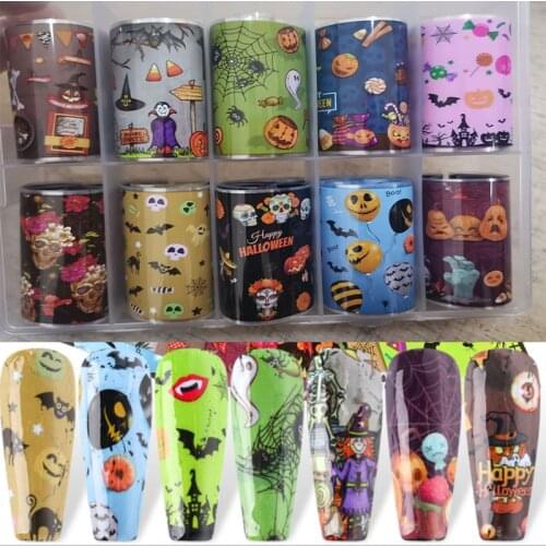 NEW-10pcs/box halloween foil Decorations for Nails Mix Colorful Transfer Nail Foil Sticker Skull/pumpkin/carriage Adhesive Paper