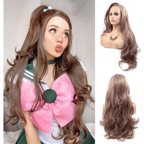 Dusty Rose Gold Natural Wave Synthetic Lace Front Wigs for Fashion Women Long Wavy Side Part Lace Wig Heat Resistant Fiber Hair