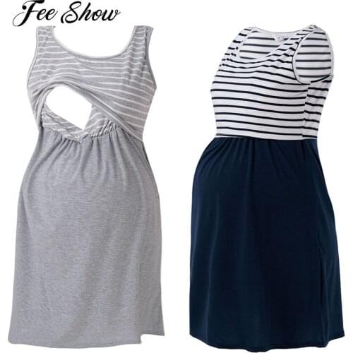 Maternity Nursing Pajamas Sleepwear Sleeveless Striped Cotoon Pregnancy Breastfeeding Dress For Pregnant Women Nightdress
