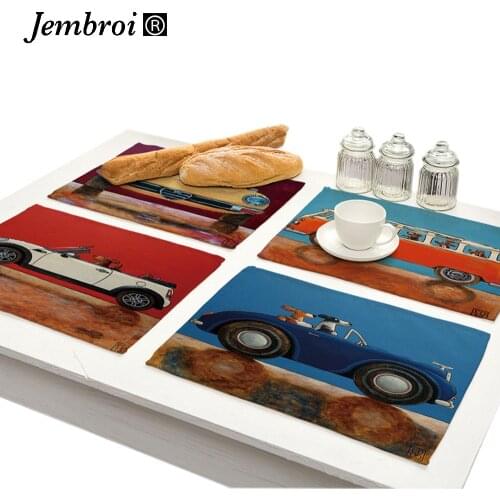 Cartoon Animals Faux Linen Print Placemat for Dining Table Mat Retro Car Pet Dog Drink Coasters Set Nordic Kitchen Accessories