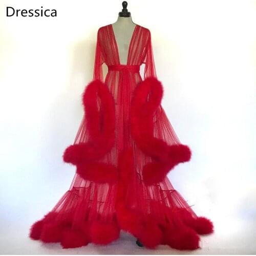 Luxury Fur Robe Feather Dressing Gown with Belt Factory Custom Make