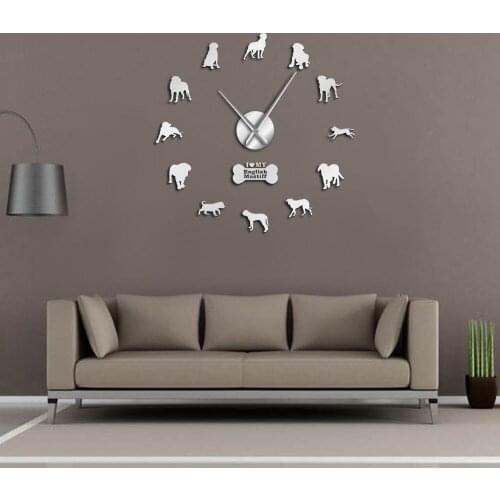 Modern English Mastiff Large Dog Breed Self Adhesive 3D DIY Wall Clock Quartz Acrylic Mirror Surface Sticker Puppy Clock Watch