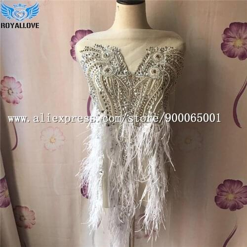 Sparkling glass stone Bodice Rhinestone Applique Heavy Beads Motif Diamante Feather Lace patch piece sewing on Prom Bridal
