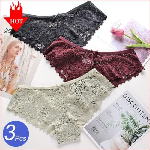 3Pcs/lot Sexy Womens Lace Panty Set Underwear Transparent Panties Seamless Female Briefs With Bow Low Waist Breathable Lingerie