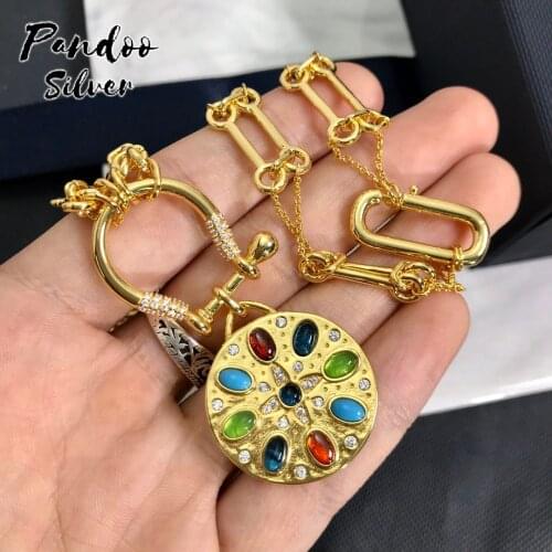 High Quality S925 Sterling Silver Jewelry 1:1 Copy,Yellow Silver Multicolor Stone Medal Necklace For Women GiFT