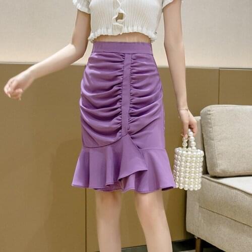 Summer new fashion purple wrap hip fish tail ruffled flounce a word pure color sweet bust high waist pleated skirts for womens