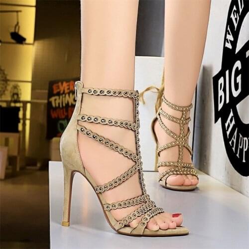 BIGTREE Women Retro Metal Rivet Ankle Wrap Shoes New Party Sexy Hollow Open Toe 11cm High Heels Female Roman Sandals Flock Khaki