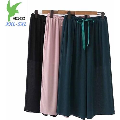 Fashion 2019 Plus size XXL-5XL Chiffon Wide-leg Pants Women Summer Casual Pants Female Solid color Elegant Elastic waist Pants