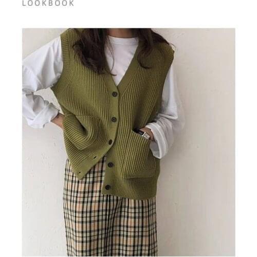 Spring Knitted Vest Coat Women Soft Stretchy Simple Basic Daily V-neck Solid Single Breasted Female Vintage Korean All-match