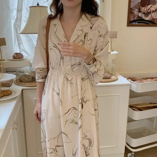 2021 Autumn Women Sketch Long Shirt Dress Vintage Turn-down Collar Elastic Slim Waist A-line Midi Dresses Female