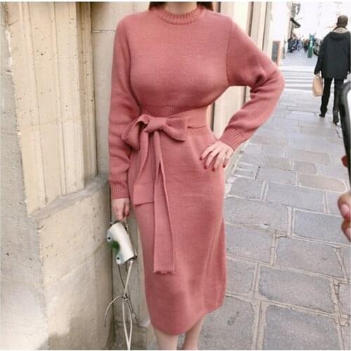 Winter Sweater Dress Elegant Knee Length Pencil Dress 2018 Fashion Slim Pull Femme Package Hips Knitted Dresses Bodycon Vestido
