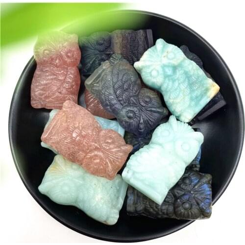 1PC Natural Labradorite Strawberry Amazonite Fluorite Owl Hand Made Carved Crystal Animal Figurine Natural Stones and Minerals
