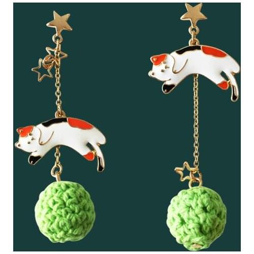 S925 Needle Cute Kitty Asymmetrical Long Star Tassel Hair Ball Earrings