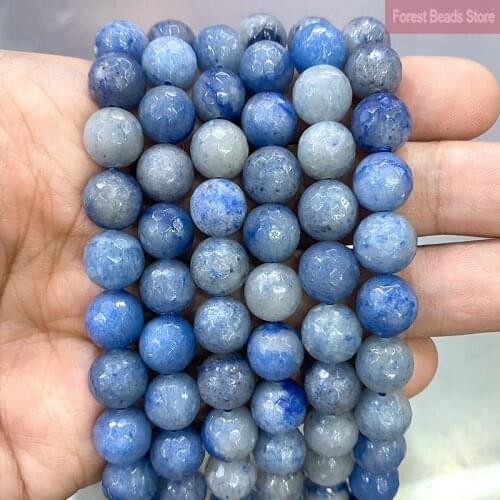 Natural Stone Beads Faceted Blue Aventurine Round Loose Spacer Football Shape Beads for Jewelry Making 15'' Inch 4/6/8/10/12mm