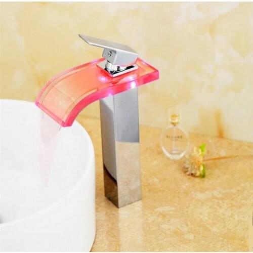 Brass waterfall faucet mixer pull out, Single holder Bathroom sink basin faucet LED, Copper wash basin faucet glass hot and cold