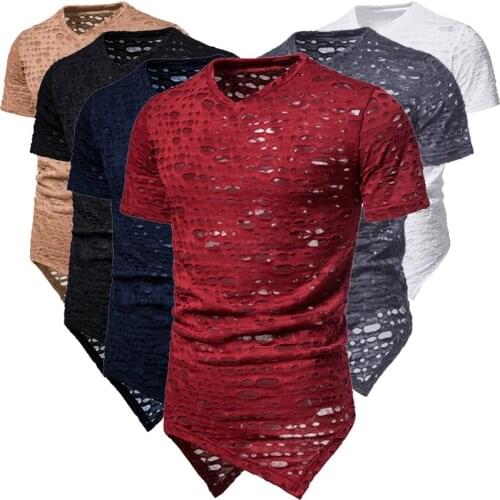 Summer New Mens Clothing T Shirt Casual Men Longline Holes Short Sleeve Fashion T Shirts