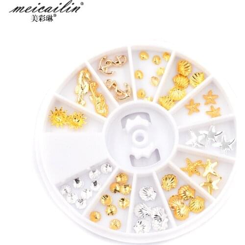 Meicailin Hot Ocean Sea Star shell Tortoise Metal Alloy Nail Wheel Set DIY Beauty Nail Art Decoration Accessories