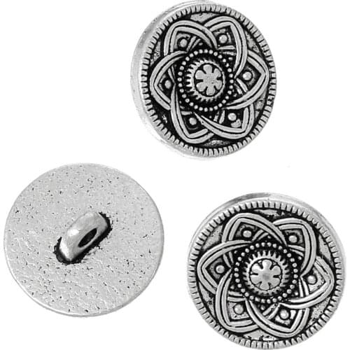 DoreenBeads Shank Button Metal Buttons Single Hole Flower Zinc Metal Alloy Round Silver Color 15mm( 5/8\")dia,5 Pcs Jeans Button