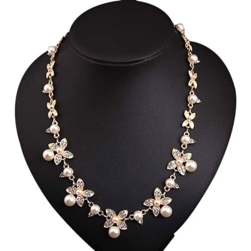 Sweet Lady Jewelry Accessories Gold Colors Alloy Chain Romantic Flowers Imitation Pearls Rhinestone Pendant Choker Necklace