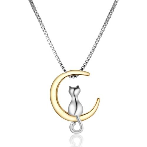 Fashion Cute Animal Cat Moon Pendant Necklace Charm Silver Color Clavicle Chain Choker Necklace Jewelry Collar Gift for Women