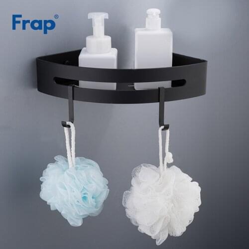 Frap New Arrival Black Bathroom Shelves Space Aluminum Single Tier With Hooks Bath Corner Basket Hardware Accessories Y18056