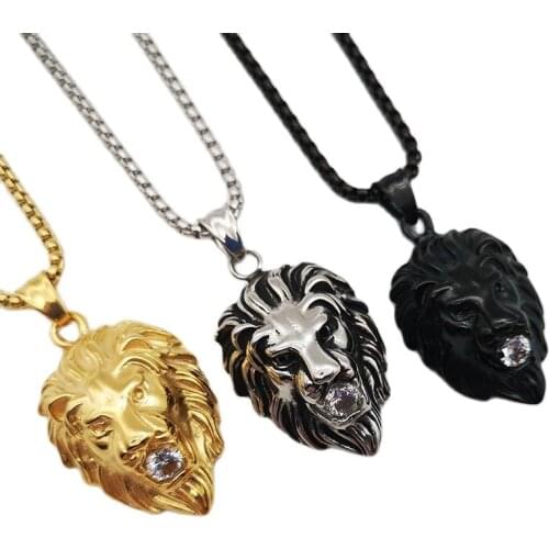 2019 New 3 colors Gold color Roaring lion pendant necklace Plated Stainless steel hip hop Big CZ stone Lion necklace CARA0267