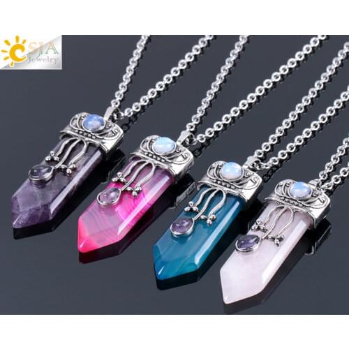 CSJA Natural Stone Sword Shaped Necklace Taper Pendulums Pendants with Chain Healing Chakra Pink Quartz Tiger Eye Jewelry F065