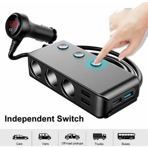 12-24V 120W 3-Socket Cigarette Lighter Socket Splitter QC3.0 + 3-Port USB Car Charger With On-Off Switch LED Display