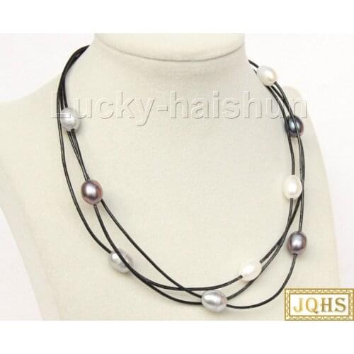 Adjustable 3row black white gray freshwater pearls black leather necklace j9923