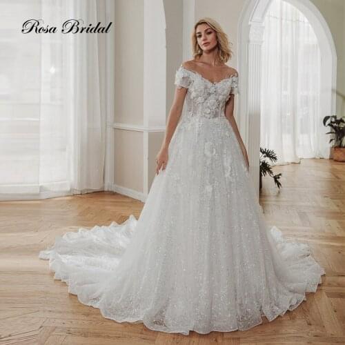 Rosabridal waiting court train off shoulder built in beading appliques lace up ball gown