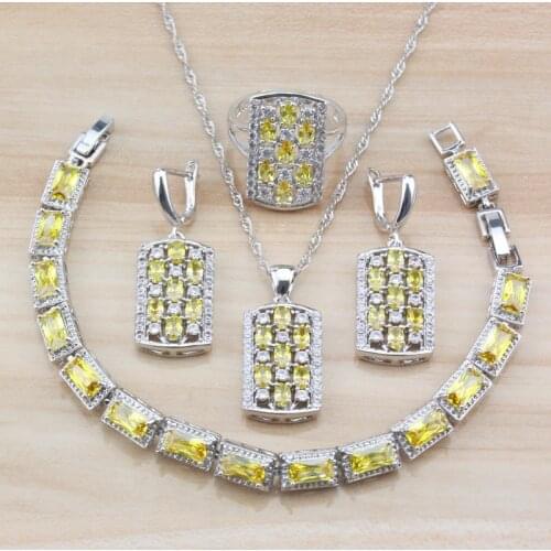 Luxurious Dubai Wedding Costume Silver Color Bridal Jewelry Sets For Women Yellow Cubic Zirconia Free Independent Jewelry Box