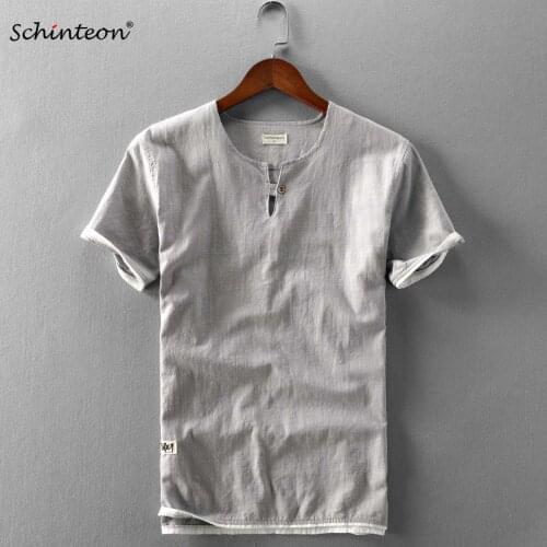 Schinteon Men Big Size Summer Cotton Linen Shirt Short Sleeved Simple Patchwork Thin Loose Collarless Pullover Shirt New
