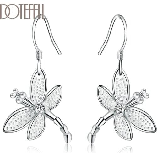 DOTEFFIL 925 Sterling Silver AAA Zircon Dragonfly Earrings Fashion Woman Charm Earrings Wedding Jewelry