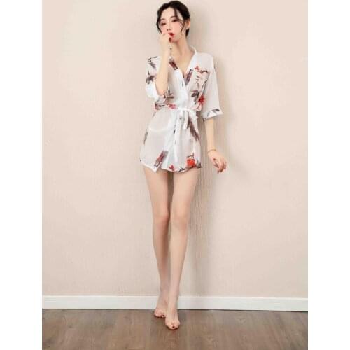 Japanese Kimono Sexy Cosplay Outfit For Women Traditional Style Robe Print Yukata Costumes Pajamas Soft Silk Belt 2pcs Set