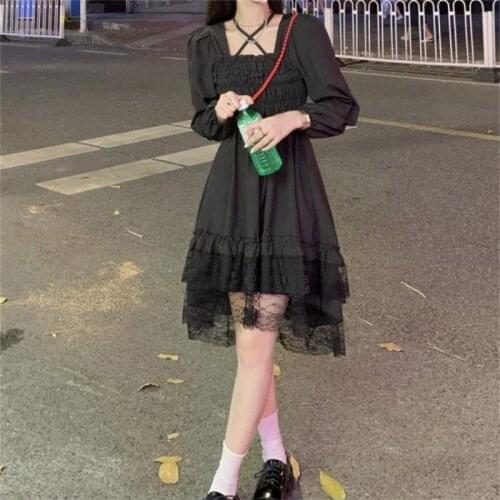 Japanese Autumn New Sweety Soft Girly Dress Kawaii Square Collar Cute Folds Ruffles Full Sleeve Lace Black Dresses For Female