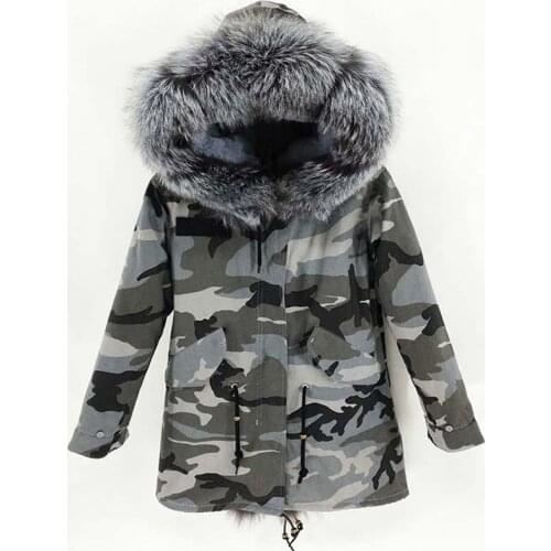 2020 winter jacket coat women real fur coat parkas natural raccoon fur collar warm soft faux fur liner parka long gray