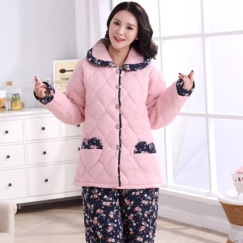 Women full cotton three-layer pyjamas plus size 3XL quilted pajamas winter thicken small flower casual tracksuit peignoir home